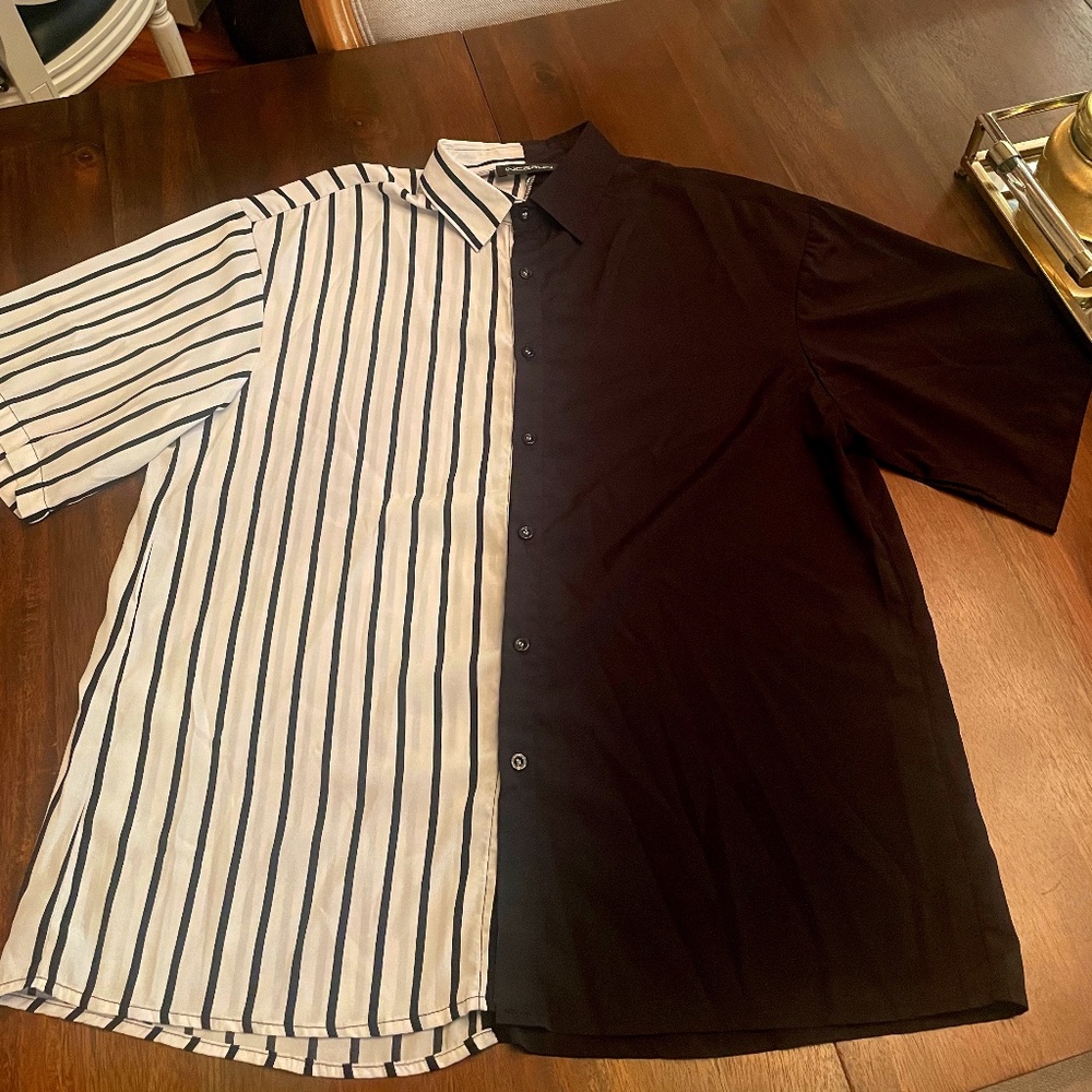 INCERUN - black and white striped half and half button up